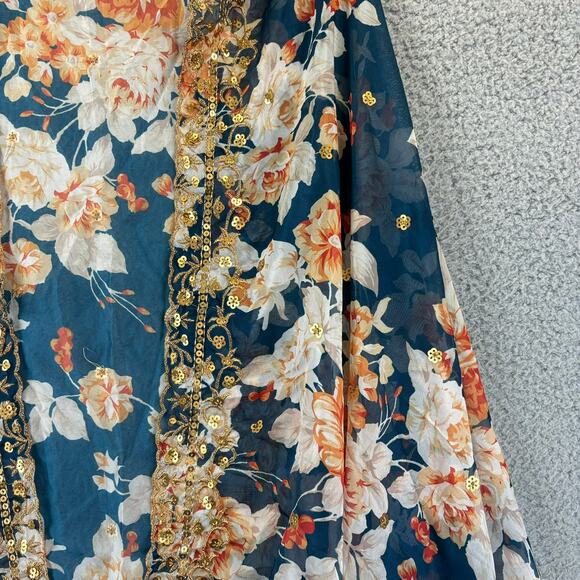 Boho Wrap Floral Art Scarf 35x89 Beachy Sarong Gold Sequins Teal Blue Peach - Picture 7 of 8